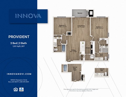 Floor plan for 2 beds, 2 baths, 1101 sqft